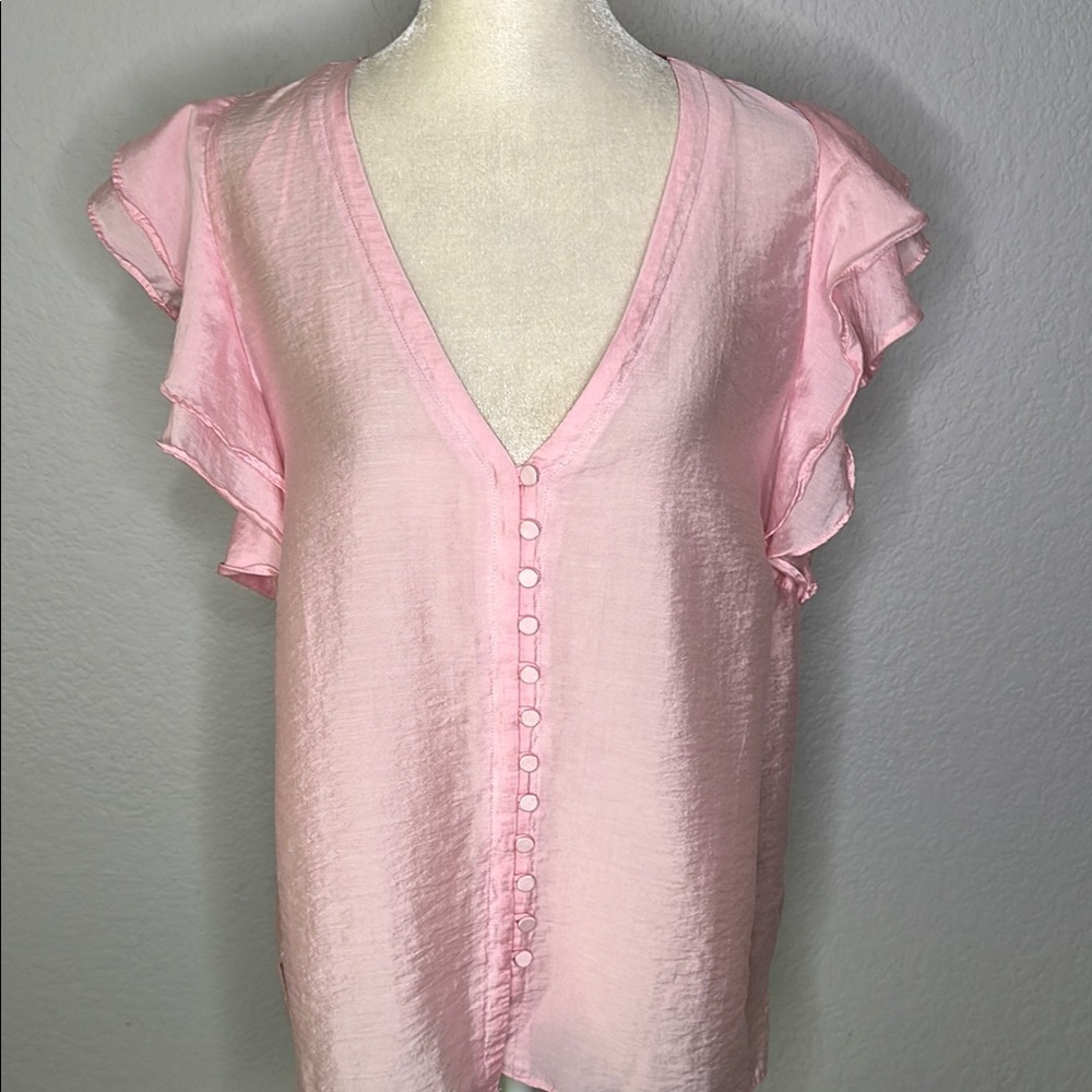 Rye Grass Pink Ruffle Sleeve Button-Down Tencel Top Large